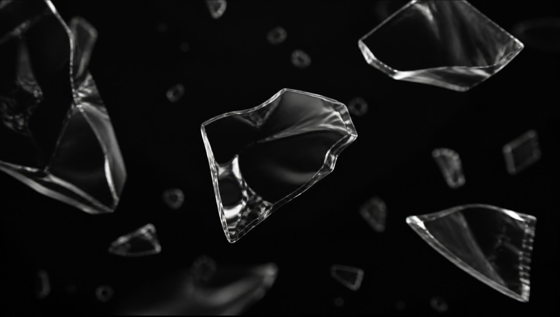 Suspended shards of glass refracting cold light in a black void
